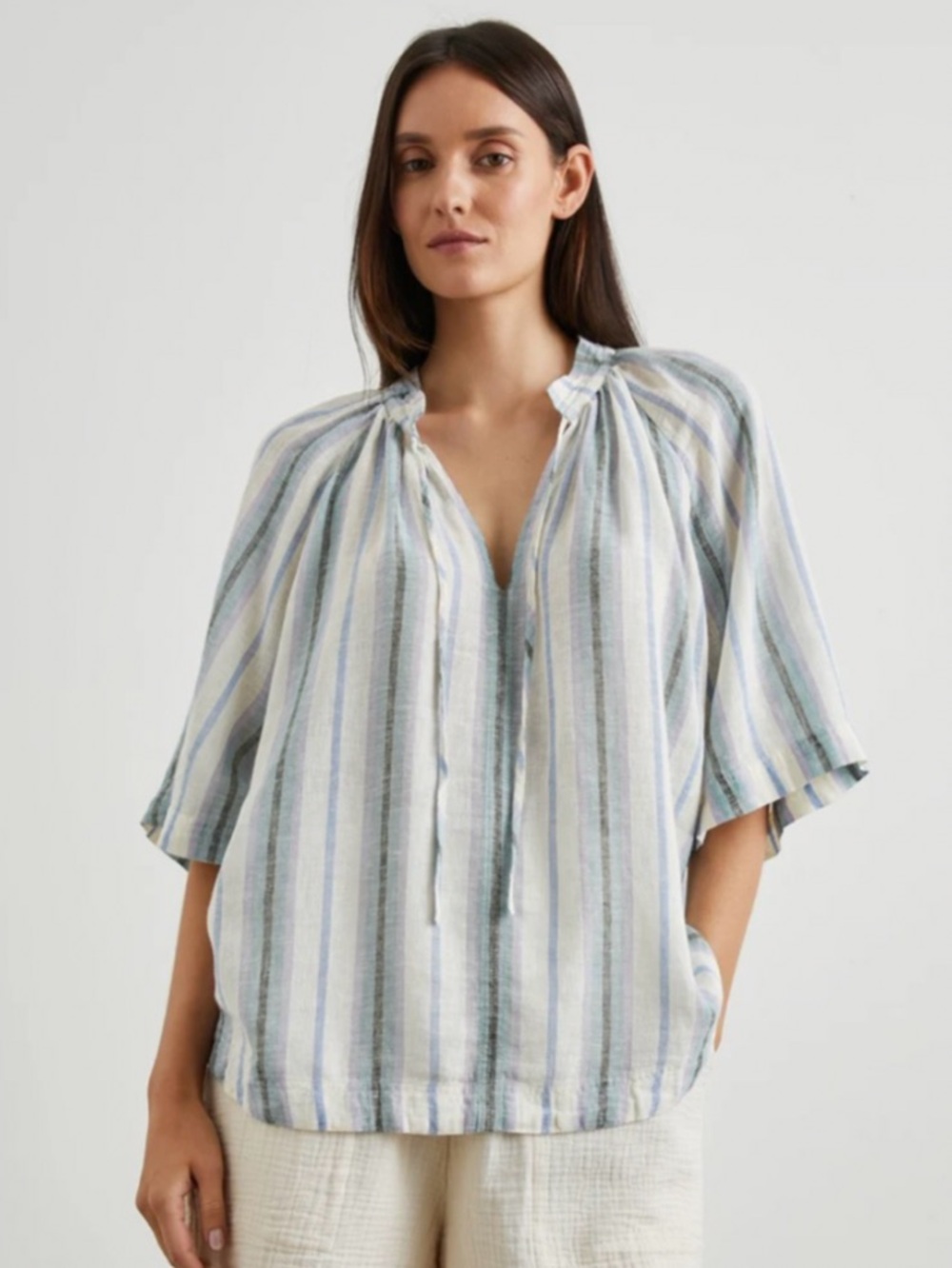 Rails Eveline Linen Blend Boho Flowy Blouse in Catania Blue & Cream Stripe